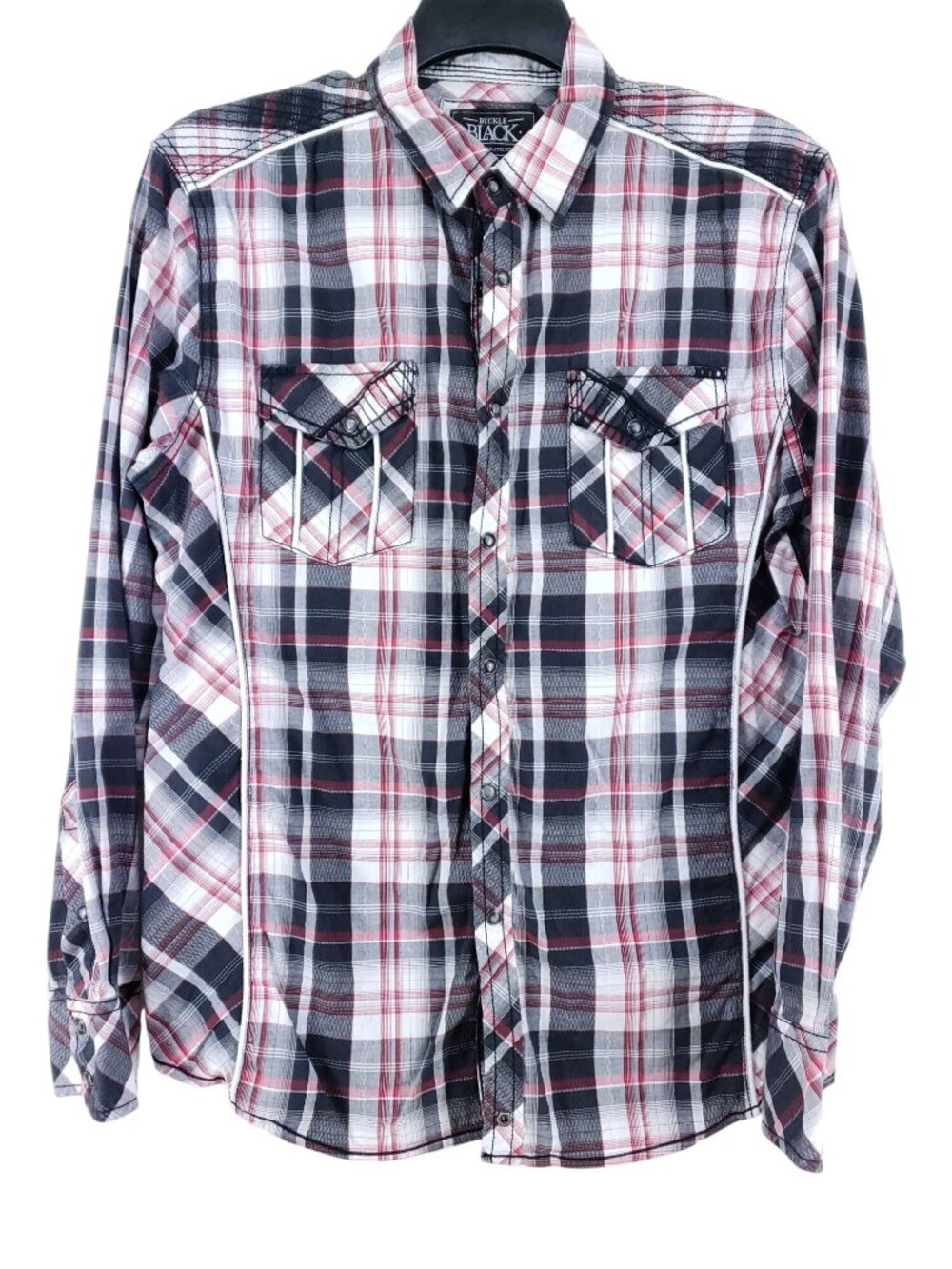 Buckle Black Mens Medium Athletic Fit Western Pearl Snap Shirt Red Plaid Long Sl